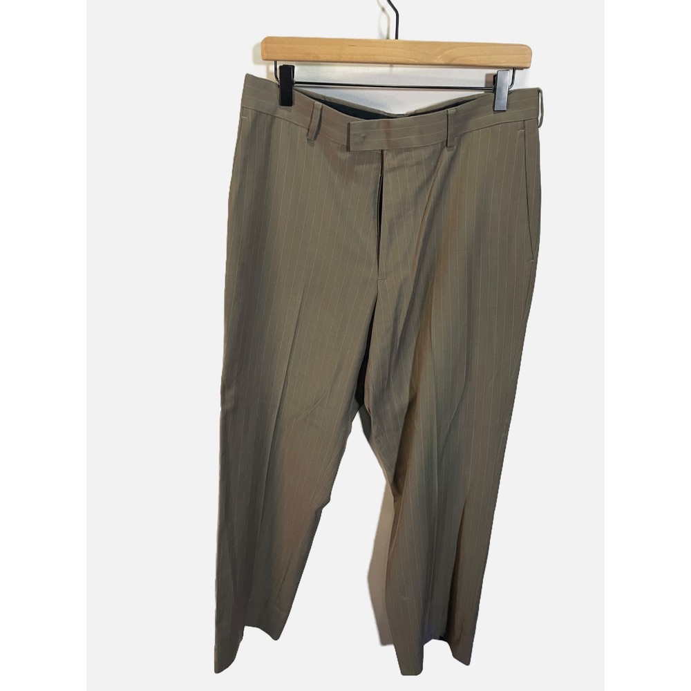 Perry Ellis Portfolio Dress Pants Mens 32/30 Tan Pinstripe Flat Front Business